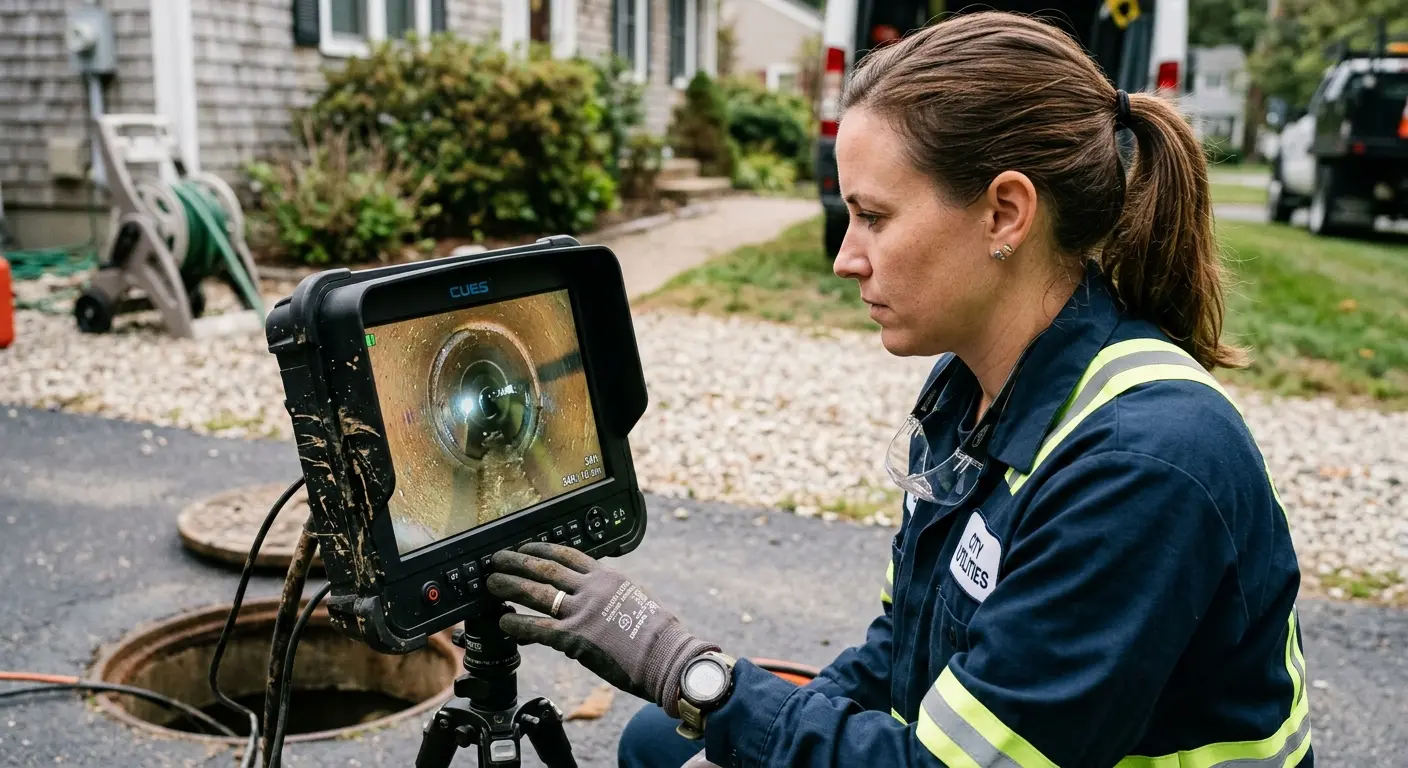 Technician reviewing sewer camera inspection footage in Berkeley Heights