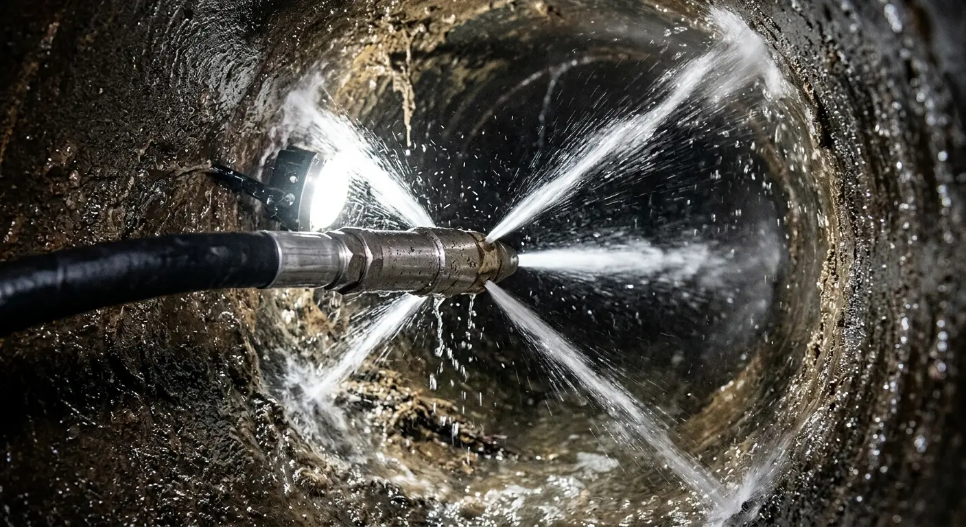 High-pressure hydro jetting nozzle cleaning sewer pipe for Storm Drain Cleaning in Berkeley Heights