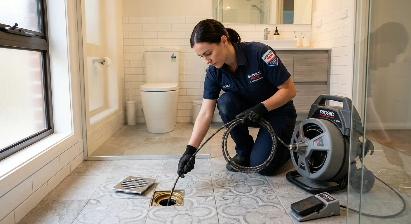 Technician clearing a bathroom floor drain for Drain Repair in Berkeley Heights